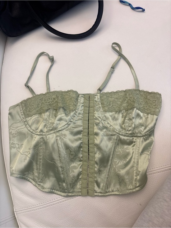 La Hearts Tops - La Hearts Sage Green Satin Lace Bustier Crop Top